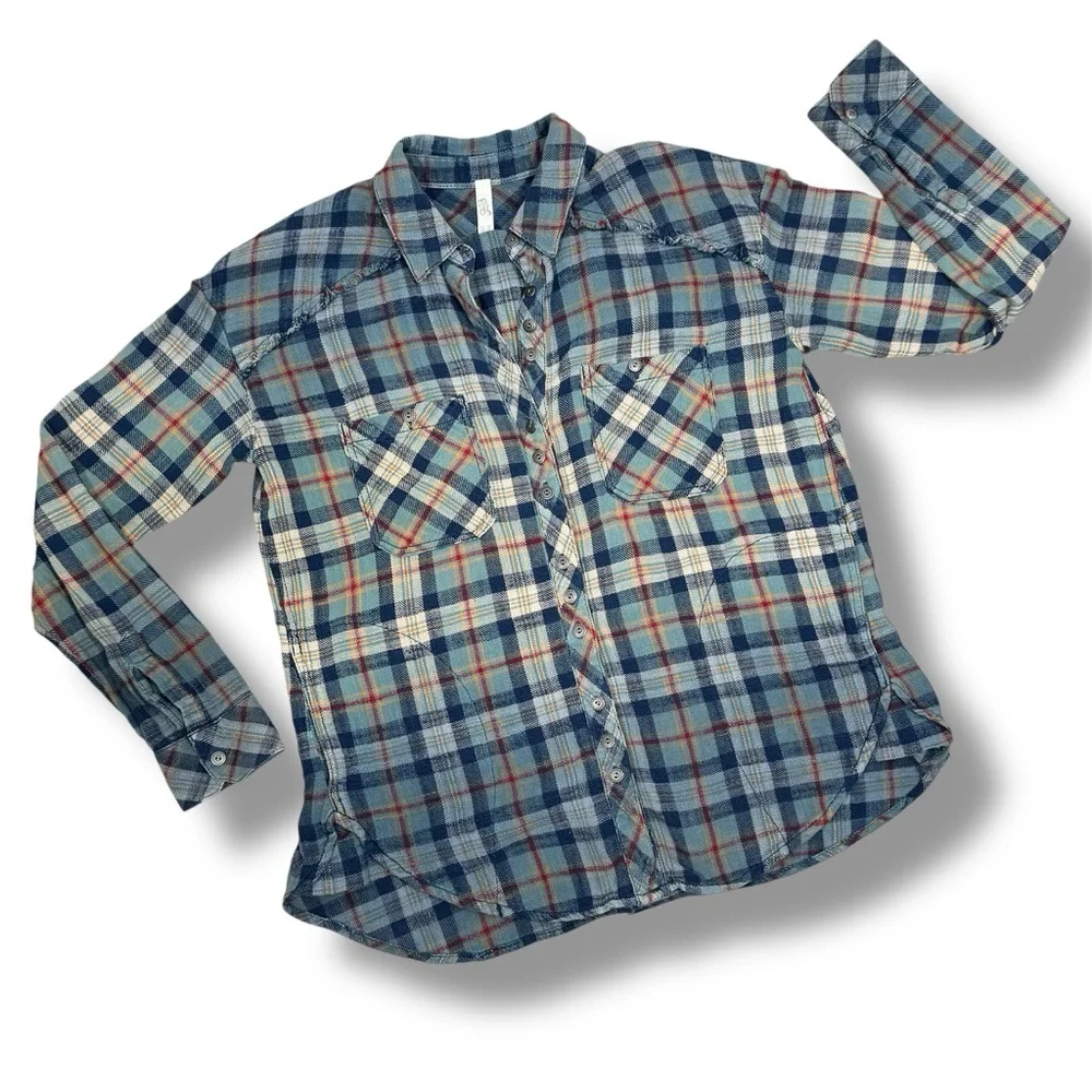 Vintage Free People Plaid Raw Hem Flannel Shirt‎ Ombre Blue Multi XS XSmall